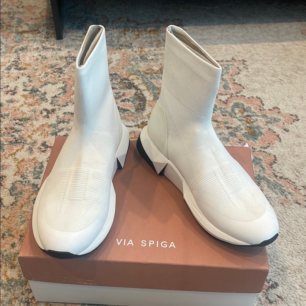 Via Spiga Verion Sock Knit High-Top Boots in Porcelain.